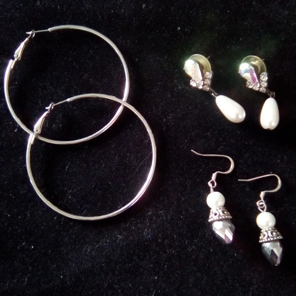 Lot of 3 Pairs Womens Earrings Silver Tone Hoops Faux Pearl Dangles Rhinestone